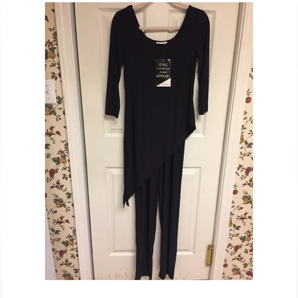 NEW Attitudes by Renee Tall Asymmetric Hem Knit Jumpsuit-Black-Tall XXSmall